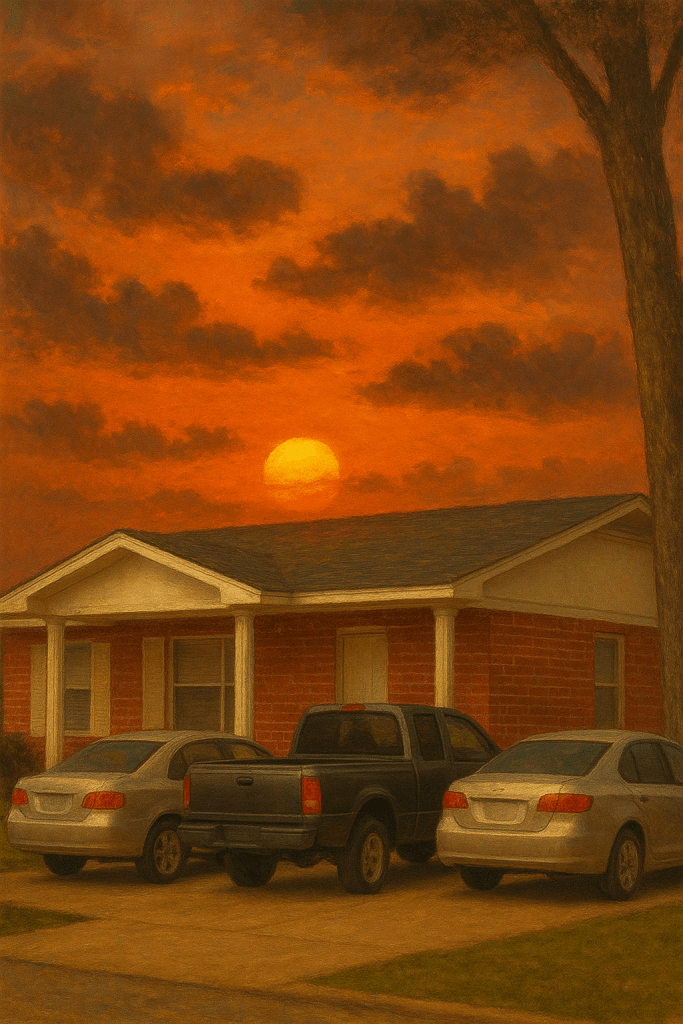 A residential house with a red brick facade at sunset, surrounded by three parked cars in the driveway.